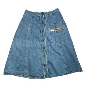 Vintage Snap Button Denim Jean Skirt Zipper Pocket A Line Retro Size 9
